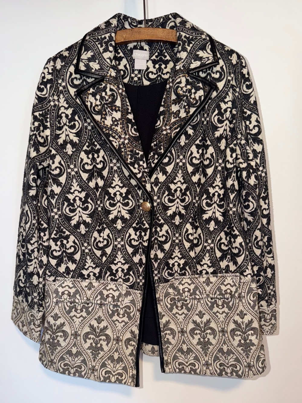 Chico's Black and Cream Damask Blazer with Gold Button Accent